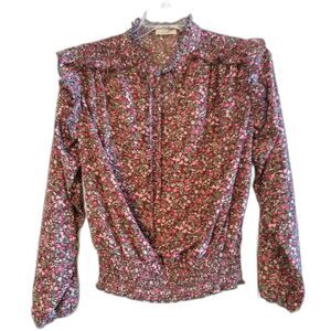 Easel Cottagecore Prairie Blouse Ruffles Tie Front S Red Ditsy Floral Bloomcore